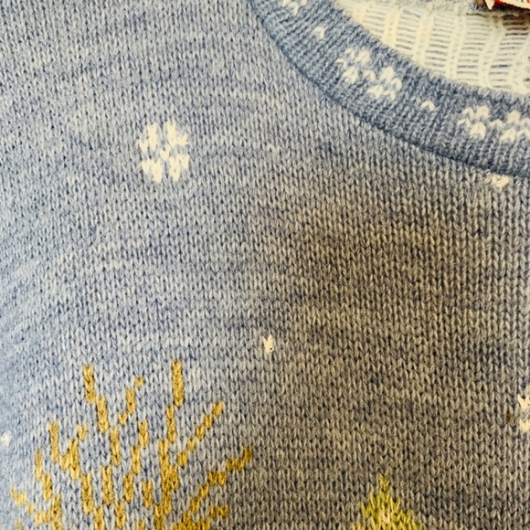 Vintage Christmas Sweater Large Blue Cottage Theme Sleigh Ride Horse Cabin USA - Picture 5 of 14